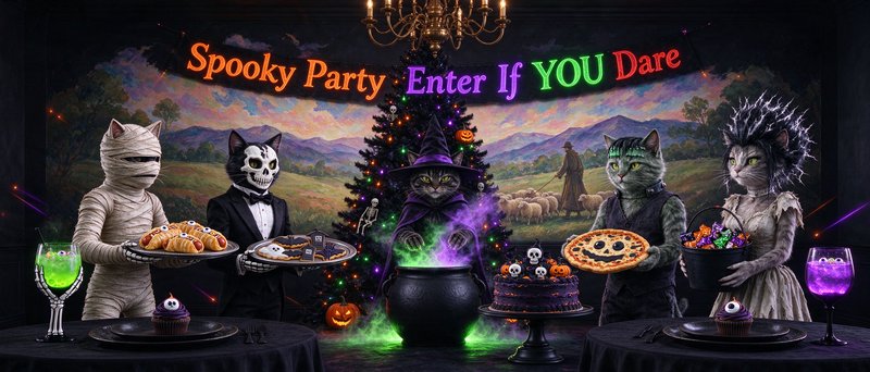 Anthropomorphic cats in Halloween costumes serve themed treats at a spooky festive party