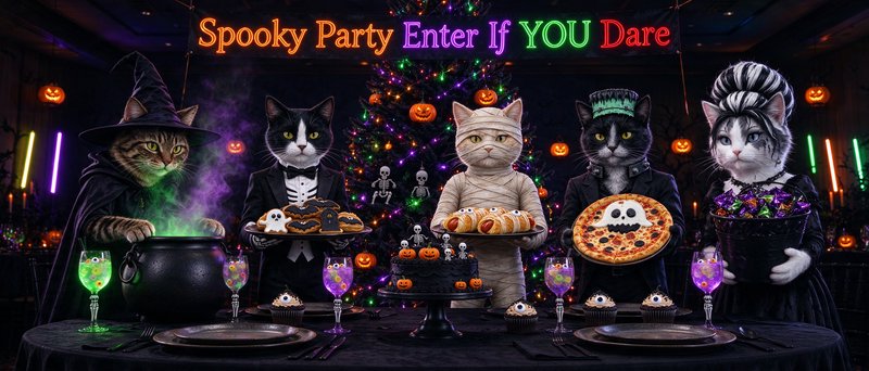 Anthropomorphic cats in Halloween costumes host a spooky party spread under a neon Enter If You D...