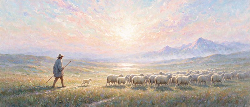 Shepherd with herding dog leads a flock of sheep across a grassy alpine meadow at soft pastel sunrise