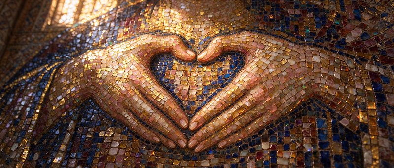 Close up of a shimmering glass mosaic showing two hands positioned to form a heart shape