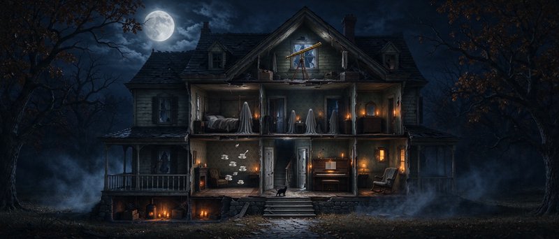 Cutaway Victorian haunted house with ghosts, floating teacups, and black cat under a glowing full moon