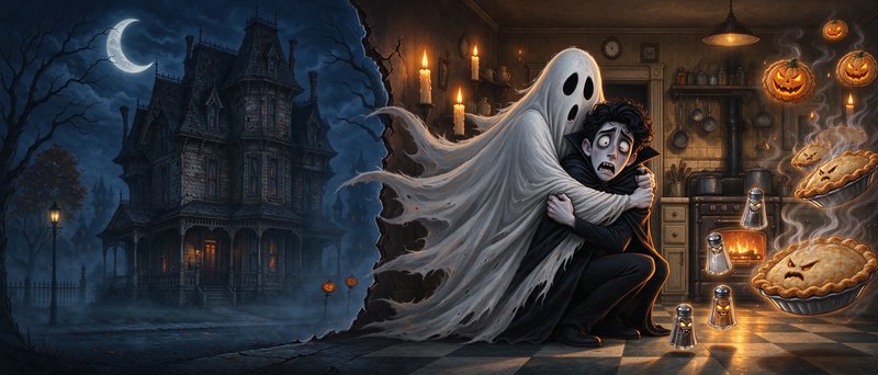 Whimsical Halloween illustration of a sheet ghost hugging a panicked vampire in a haunted mansion...