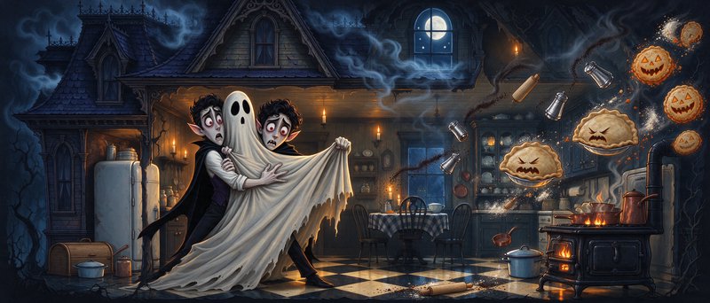 Startled vampire twins struggle with a sheet ghost as angry floating Halloween pies fly around a ...