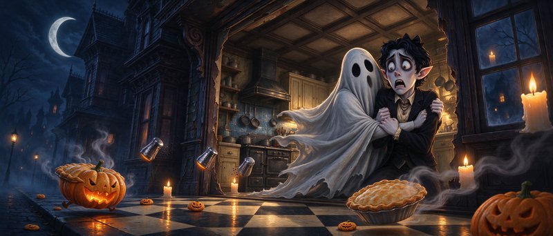Sheet ghost embraces a shocked gothic vampire character inside a haunted house on Halloween night