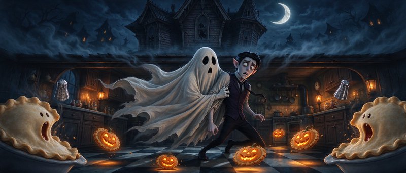 Tattered sheet ghost grabs a startled vampire man in a haunted kitchen surrounded by glowing jack...