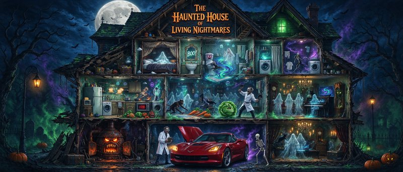 Cutaway cross section of The Haunted House of Living Nightmares packed with spooky playful Hallow...