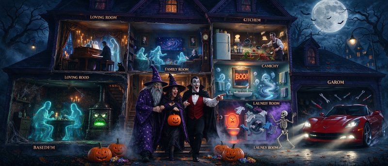 Three costumed Halloween figures exit a whimsical cutaway haunted house under a glowing full moon