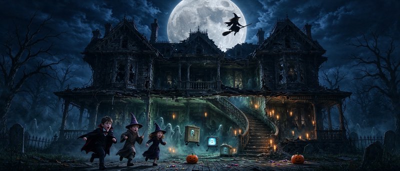 Costumed Halloween trick-or-treaters run from a spooky haunted house under a bright full moon