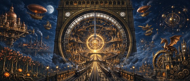 Giant ornate steampunk clock tower overlooks a glowing floating fantasy city under a full moon