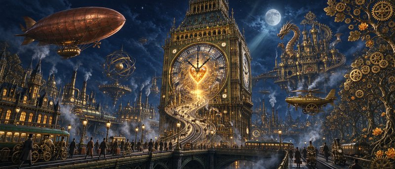 Elaborate steampunk night cityscape featuring a giant glowing clock tower, airships, mechanical d...