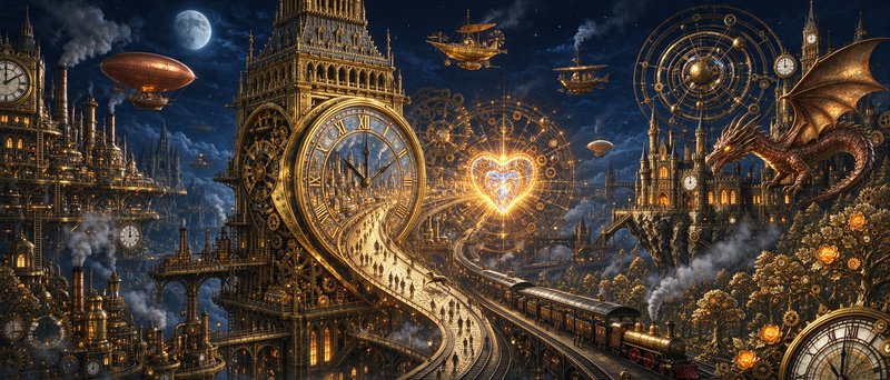 Surreal steampunk fantasy cityscape at night with giant clock towers, airships, a brass dragon, and glowing central