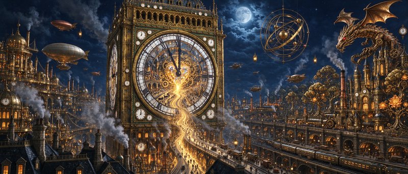 Steampunk night cityscape features a giant glowing clock tower, airships, and mechanical dragon under a full moon