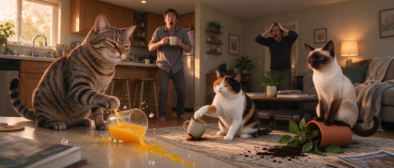 Three oversized mischievous cats cause a mess as two shocked men react in a cozy sunlit home