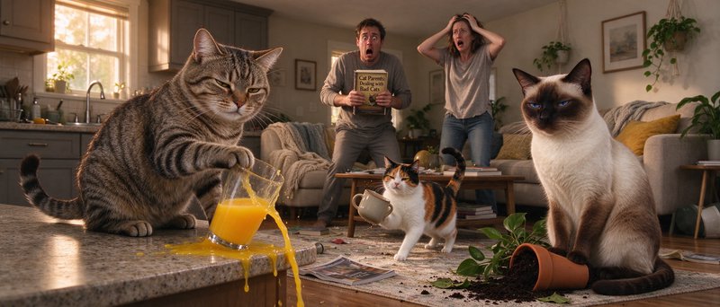 Giant mischievous cats make a mess of a cozy open plan home as shocked human owners react in horror