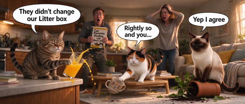 Three sassy cats wreak household chaos while shocked cat owners react in a funny speech bubble me...