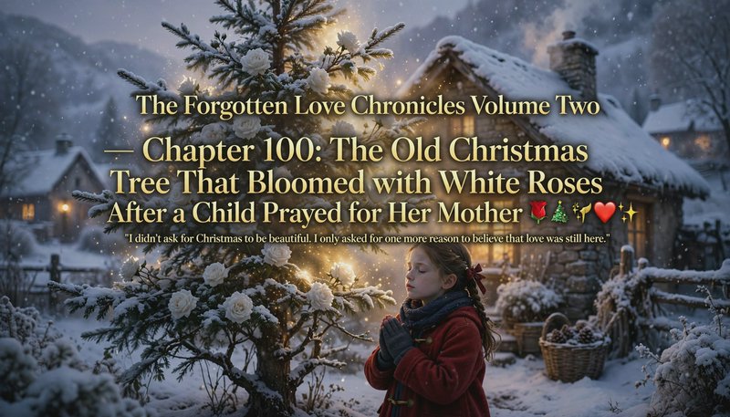 Young girl praying beside a snow-covered Christmas tree blooming with white roses in a cozy snowy...