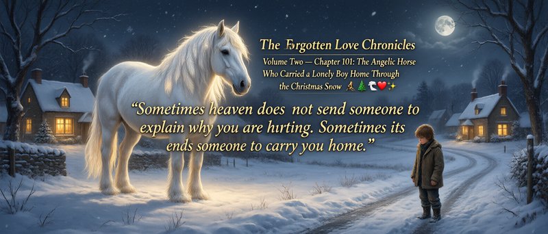 Glowing white angelic horse stands with a lonely boy on a snowy moonlit Christmas village lane