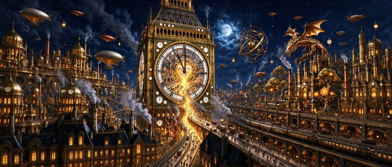 Massive ornate steampunk clock tower overlooks a glowing moonlit fantasy city with airships and a mechanical dragon