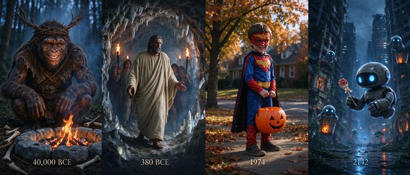 Four panel chronological illustration spanning distinct eras from prehistoric 40000 BCE to futuristic 2142