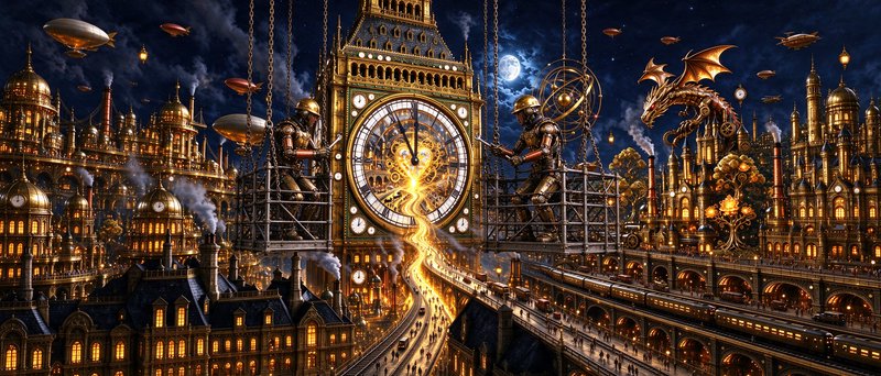 Giant glowing steampunk clock tower flanked by robot workers, a mechanical dragon, and airships over a night city