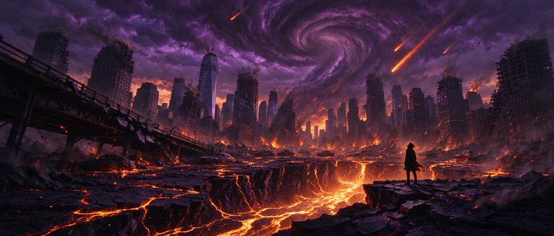 Lone survivor stands on cracked rocky ground overlooking a burning ruined city under a swirling apocalyptic purple sky