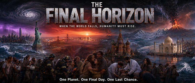 Apocalyptic The Final Horizon poster showing surviving crowds, flooded global landmarks, and catastrophic natural disasters