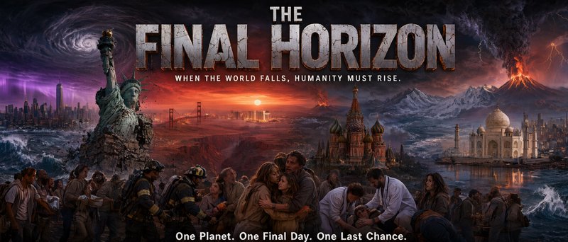 Apocalyptic The Final Horizon poster shows survivor crowds against damaged global landmarks and catastrophic natural