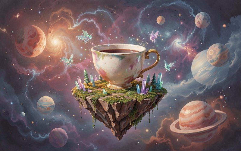 Giant porcelain teacup rests on a floating mossy island against a swirling cosmic nebula backdrop