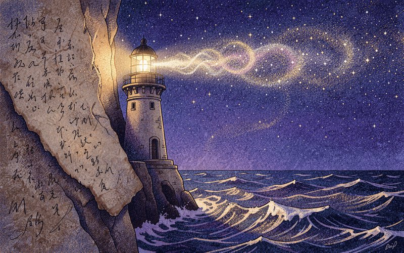 Surreal illustrated lighthouse shines a swirling starry beam over choppy night ocean beside weathered handwritten manuscript