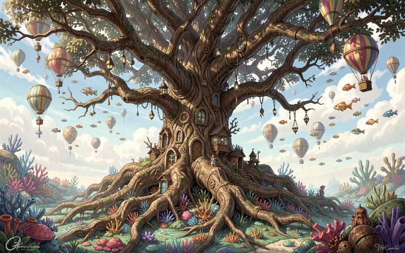 Whimsical giant enchanted tree home with hot air balloons and flying fish above a vibrant fantasy landscape