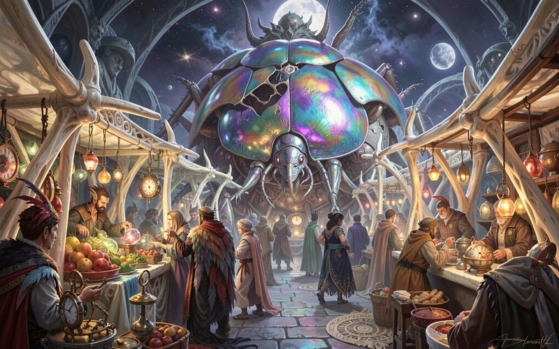 Giant iridescent mechanical scarab looms over a bustling fantasy night market under a starry sky with twin moons