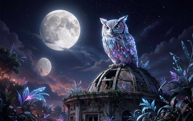 Iridescent glowing magical owl perched on a crumbling domed ruin beneath twin full moons in a starry fantasy night.
