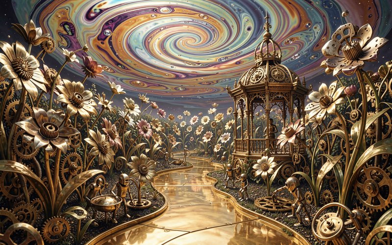 Surreal steampunk garden of brass mechanical flowers, tiny clockwork robots, and gilded gazebo under a swirling marbled