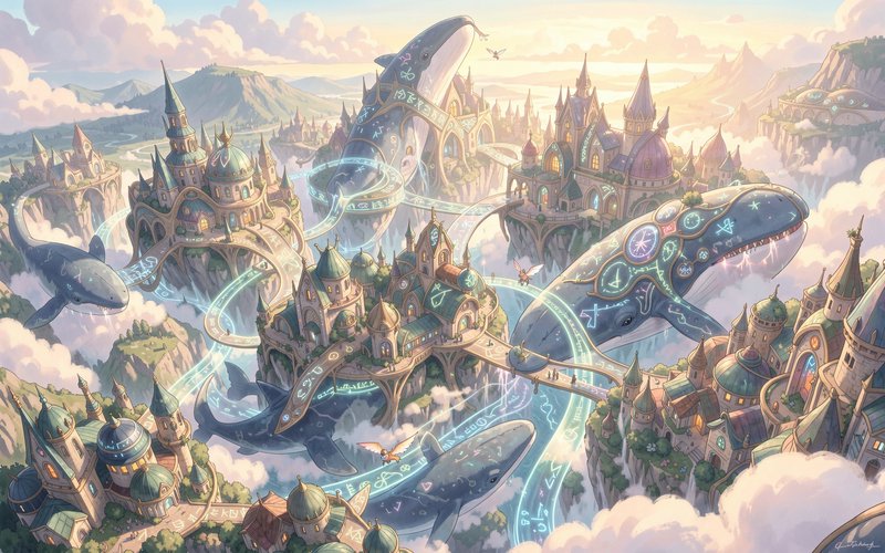 Glowing rune-covered sky whales glide between spired floating fantasy castle islands high above fluffy clouds