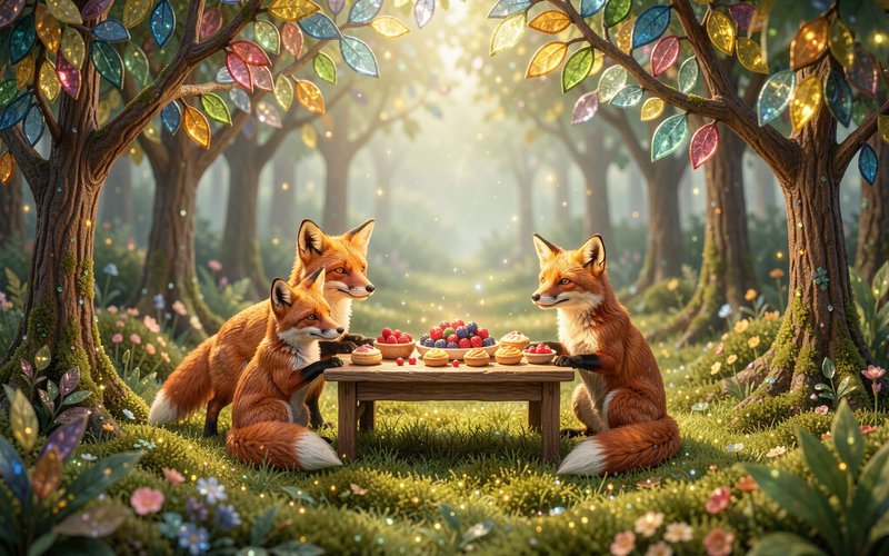 Three red foxes gather for a picnic tea party at a small wooden table in a magical glowing forest