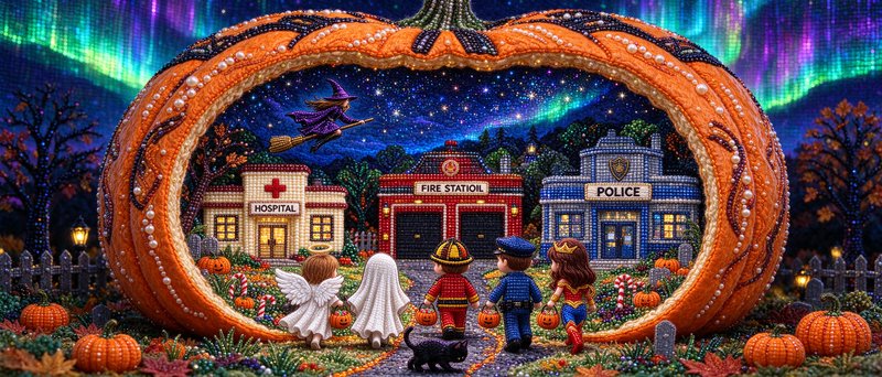 Intricate beaded Halloween diorama of costumed trick-or-treaters walking through a giant pumpkin village portal