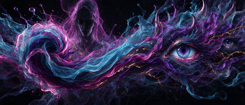 Swirling neon ink vortex with glowing mystical eyes and a faint hooded spirit silhouette against ...