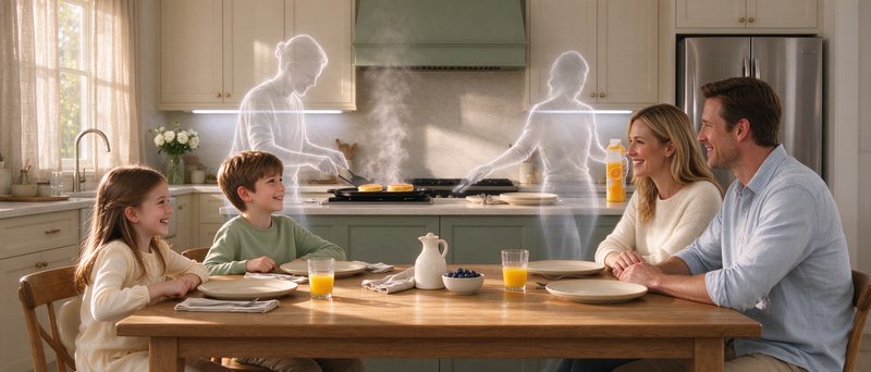 Smiling family sits at a sunlit kitchen breakfast table while translucent ghost relatives cook pa...