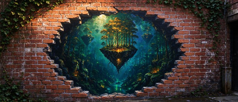Jagged hole in ivy-covered red brick wall opens to a glowing floating fantasy forest realm