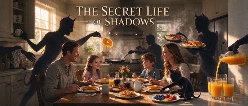 Cheerful family eats breakfast as friendly horned shadow creatures serve food in a sunlit kitchen...
