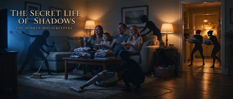 Laughing family enjoys snacks on a living room couch as shadow housekeeper figures tidy the home ...