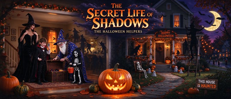 Promotional Halloween illustration of costumed characters and festive decor outside a suburban ho...