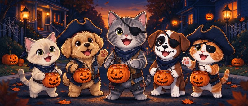 Adorable cats and dogs in pirate costumes hold jack-o-lantern buckets while trick-or-treating on ...