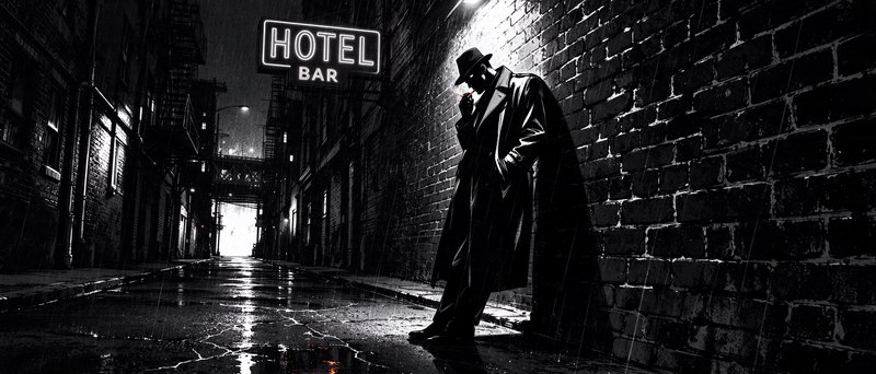 Hardboiled noir detective leans on a brick wall smoking in a rainy downtown alley under a glowing hotel bar sign