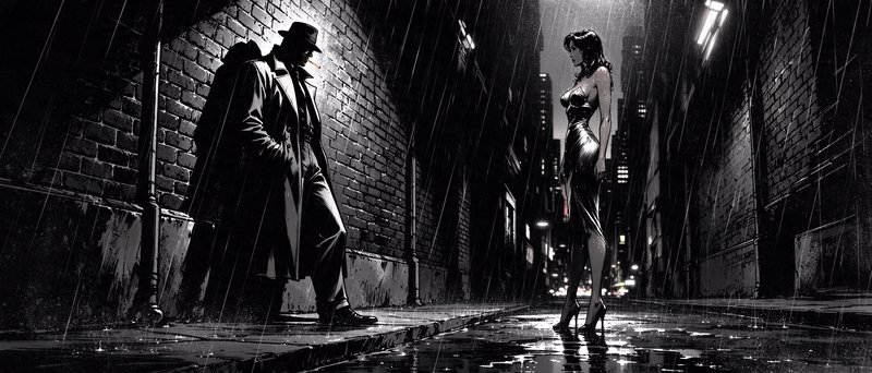 Hardboiled noir detective and glamorous femme fatale face off in a rainy dark city alley at night