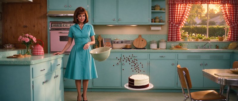 1950s housewife stands in retro turquoise kitchen with floating baking supplies and red velvet cake