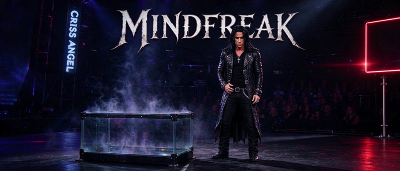 Criss Angel stands on a theatrical stage beside a smoky glass illusion tank for his Mindfreak mag...