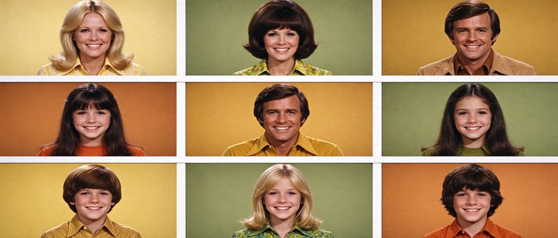 3x3 grid of retro 1970s sitcom family headshots in individual colored portrait panels