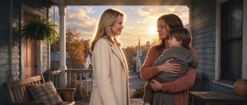 Two women, one holding a young child, stand facing each other on a rustic porch at golden hour su...