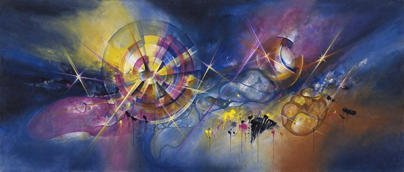 Surreal cosmic abstract painting with glowing circular geometric forms and radiating starburst li...